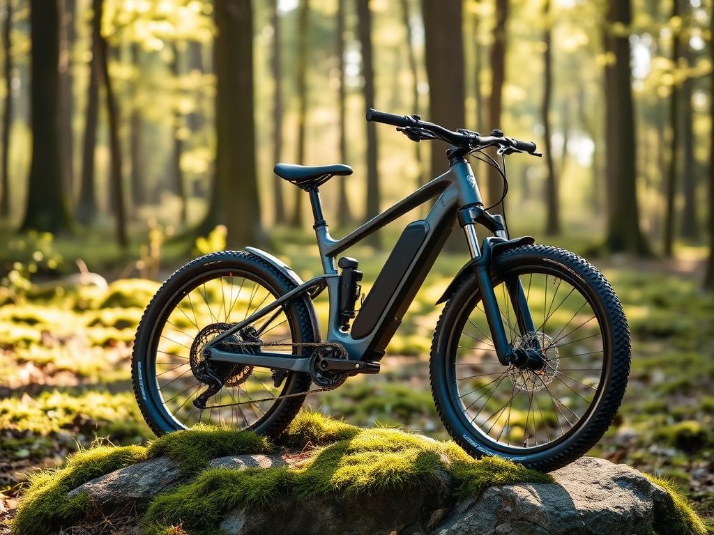 Electric mountain bike ready for an e-bike tour in a forest clearing