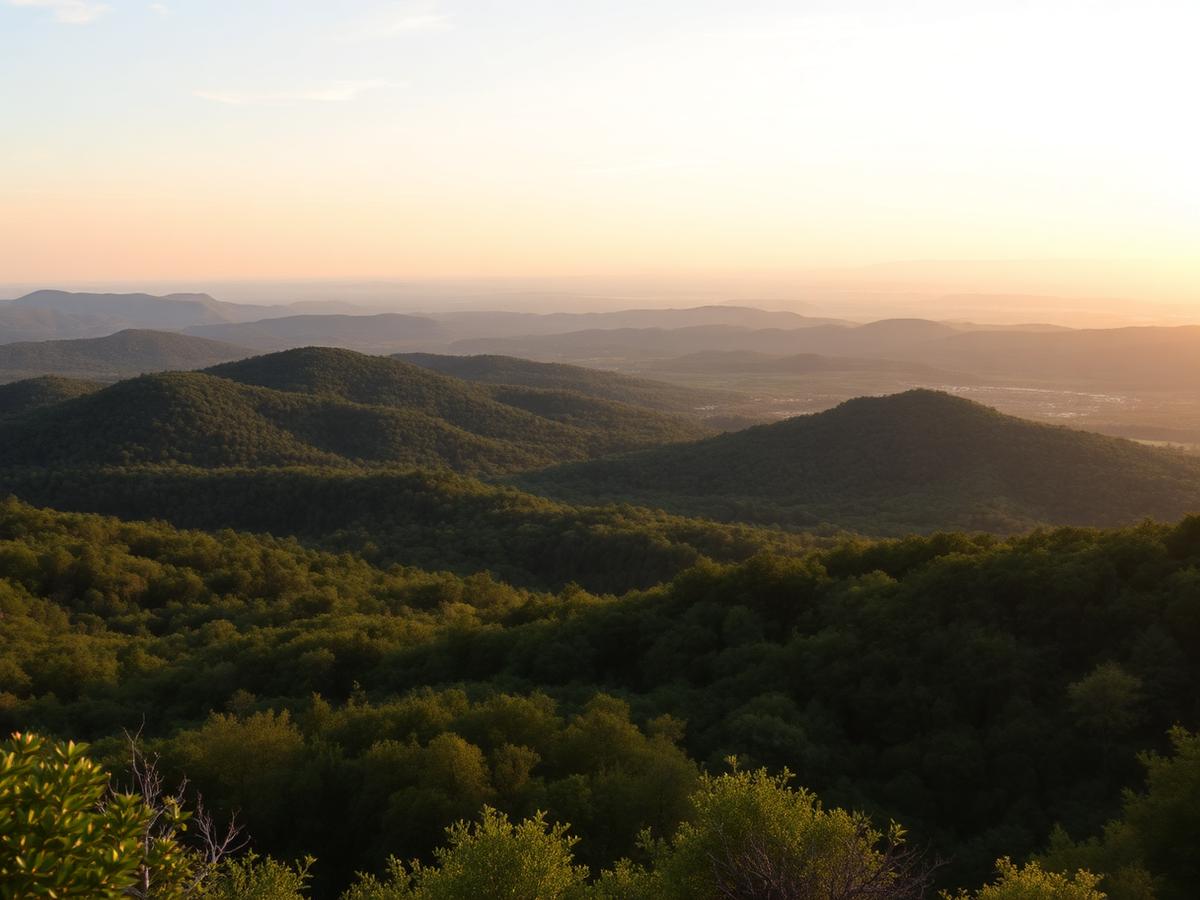 Panoramic viewpoint over the forested hills of Kordun at sunset