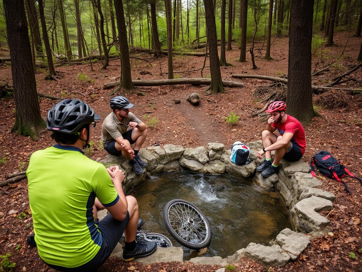 Cyclists resting at a natural forest spring