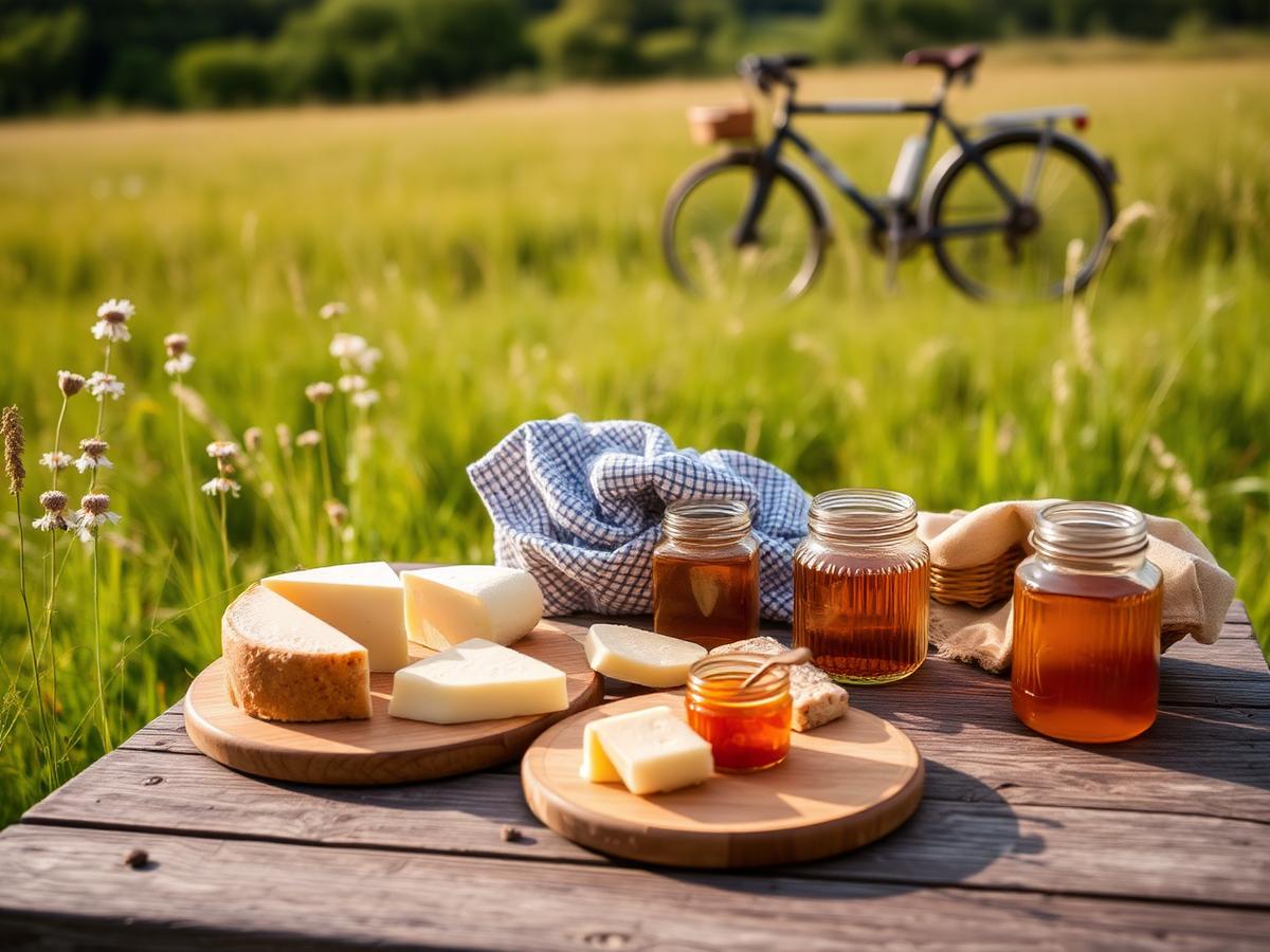 Picnic with local cheese and honey in a meadow