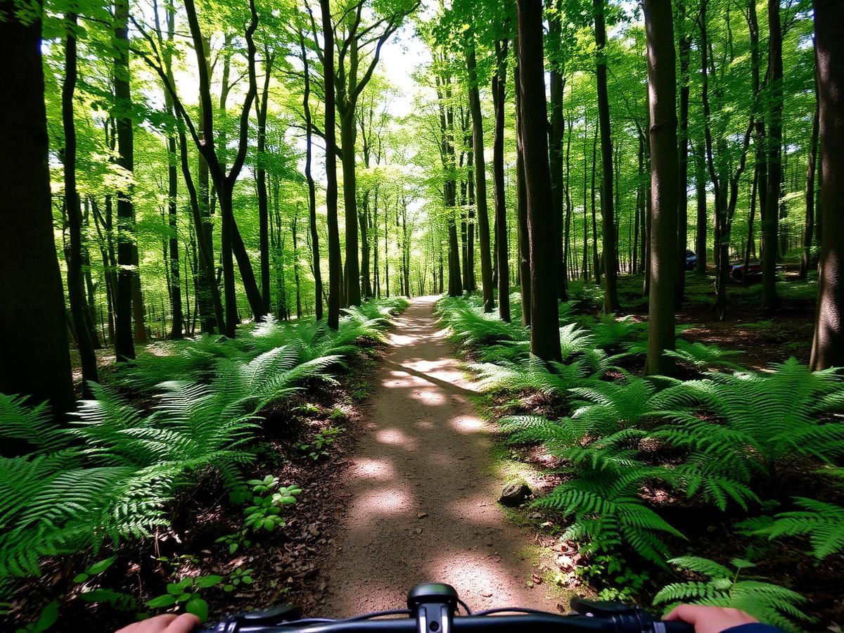 Single track trail lined with ferns in an ancient forest